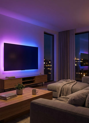 Fita LED RGB Wi‑Fi com iluminação roxa e azul na parede junto ao televisor