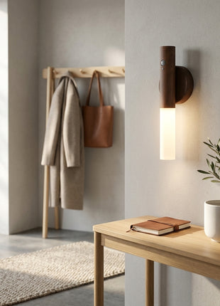 Luz LED de parede com sensor e WiFi, abajur cilíndrico branco e suporte em madeira