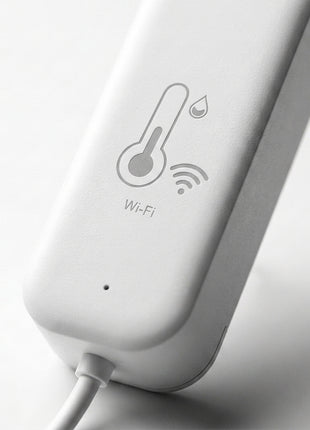 Sensor Tuya de temperatura e humidade branco com ícone Wi‑Fi e antena