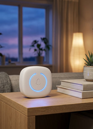 Campainha sem fios branca com botão e sino iluminado a azul na sala