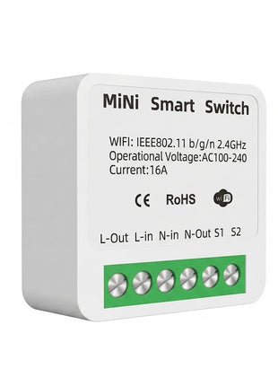 Mini interruptor inteligente Wi‑Fi com bloco de terminais verde e 6 conectores