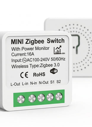 Mini interruptor inteligente Zigbee com monitor de energia e bloco de terminais verde