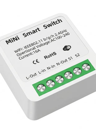 Mini interruptor inteligente Wi‑Fi com bloco de terminais verde e 6 ligações