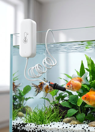 Sensor Tuya branco para aquário, cabo branco e sonda preta no tanque