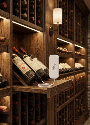 Sensor Tuya de temperatura e humidade, branco, com cabo, na prateleira
