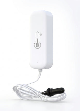 Sensor Tuya de temperatura e humidade branco, cabo ligado e ícones no painel