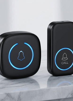 Campainha sem fios Wi‑Fi preta, dois botões com anel azul e ícone de sino.