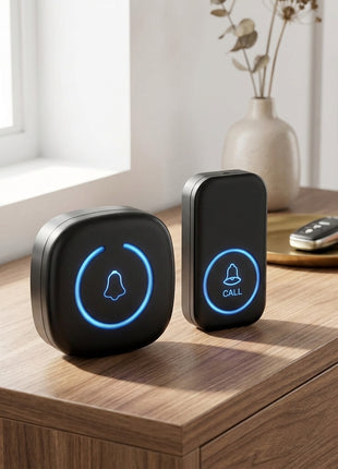 Campainha sem fios Wi‑Fi preta em duas unidades, botões com anel luminoso azul.