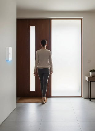 Sensor de movimento PIR branco na parede, a activar a luz no hall.