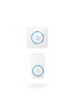 Campainha sem fios Wi‑Fi preta com botões e ícones de sino, iluminação azul.