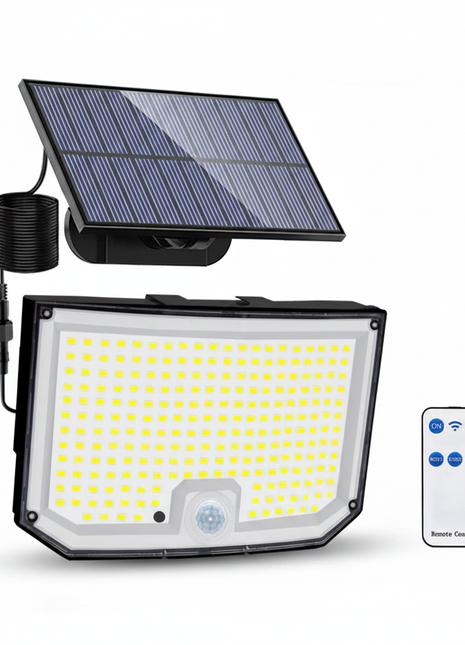 Foco solar LED com painel, controlo remoto e cabo, corpo preto