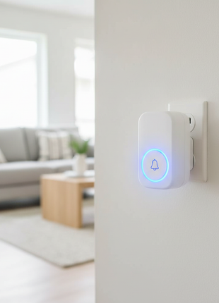 Campainha sem fios Wi‑Fi preta na parede, botão com luz azul de sino.