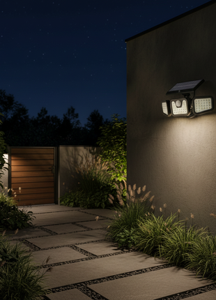 Luminária solar de exterior com sensor, montada na parede, luz acesa sobre o caminho