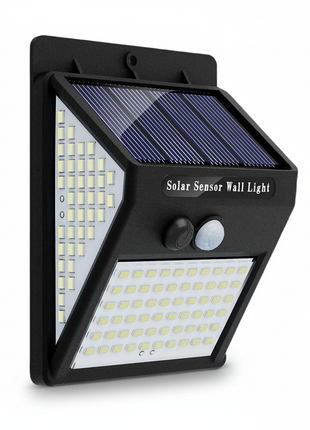 Projetor solar de segurança com sensor, 140 LEDs, painel solar azul e corpo preto