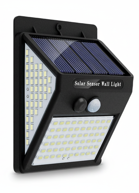 Projetor solar de segurança com sensor, 140 LEDs, painel solar azul e corpo preto