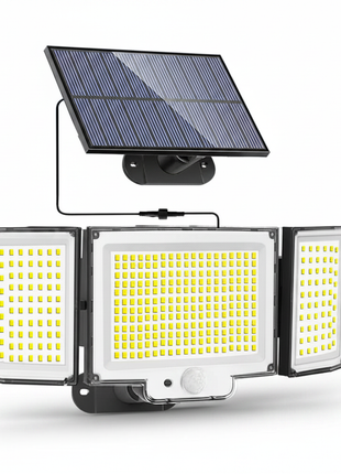 Projetor solar com 3 módulos LED e painel fotovoltaico, corpo preto