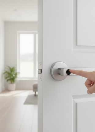 Fechadura inteligente prateada com manípulo e teclado para código na porta