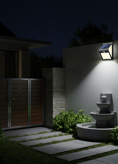 Candeeiro solar de segurança com sensor, luz branca acesa, fixado na parede exterior