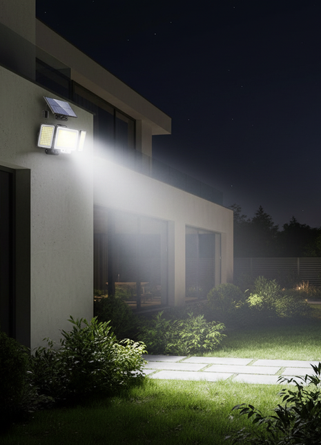 Foco solar LED IP65 preto com painel fotovoltaico e feixe de luz