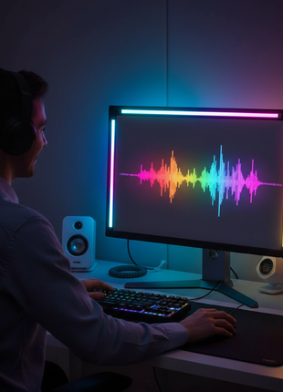 Tira LED RGB para monitor com faixa luminosa arco-íris no topo e laterais do ecrã