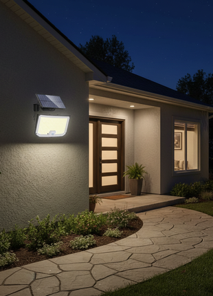 Foco solar LED montado na parede, a iluminar entrada de jardim à noite