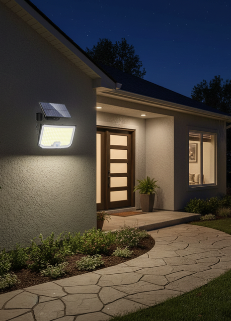 Foco solar LED montado na parede, a iluminar entrada de jardim à noite