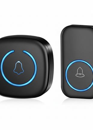 Campainha sem fios Wi‑Fi preta dupla, anel luminoso azul e ícones de sino.