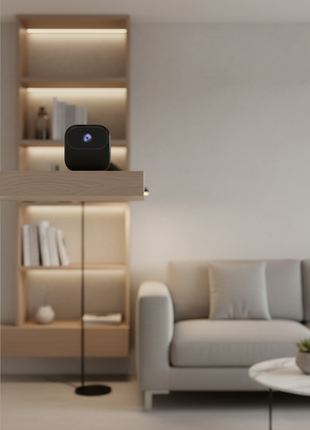 Mini câmara Wi‑Fi preta com lente e indicador LED, vista frontal