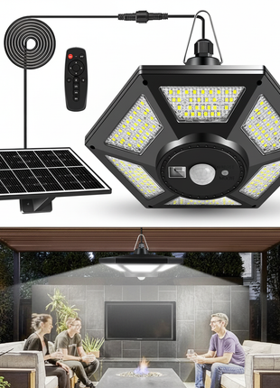 Conjunto de luz solar com 180 LEDs: painel solar, controlo remoto e luminária hexagonal.