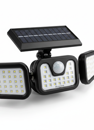 Luz solar exterior com sensor de movimento, painel solar e três módulos LED, preto