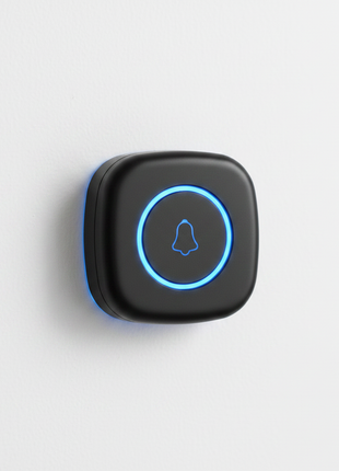 Campainha sem fios Wi‑Fi preta em close-up, ícone de sino com anel luminoso azul.
