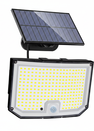 Foco solar com painel fotovoltaico e LED amarelo na caixa preta