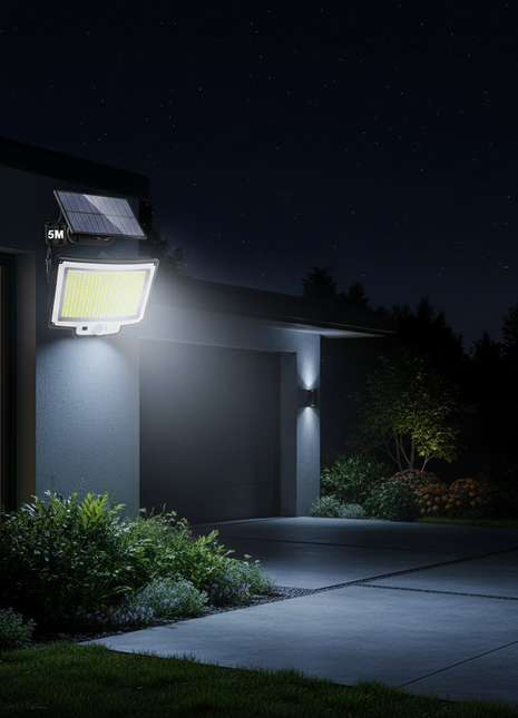 Foco solar LED exterior com sensor de movimento, emitindo luz para passeio