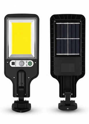 Candeeiro solar de parede COB preto, frente com LED COB e verso com célula solar