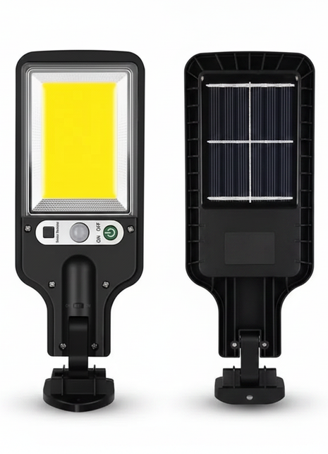 Candeeiro solar de parede COB preto, frente com LED COB e verso com célula solar