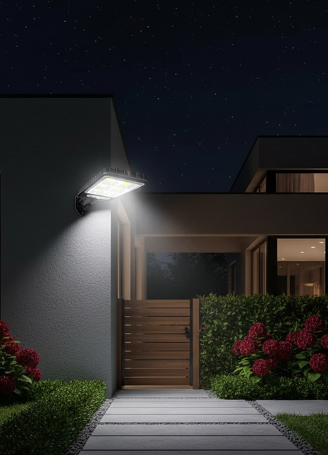 Candeeiro solar de parede COB com luz acesa, montado na parede à entrada