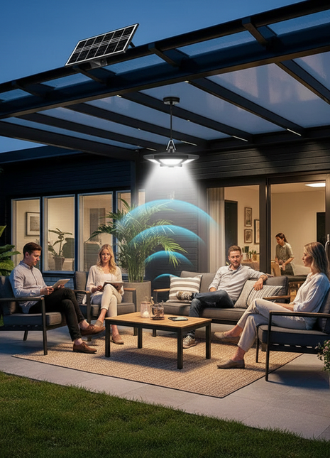 Luz solar suspensa com 180 LEDs, luminária metálica com suporte para teto exterior.