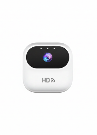 Mini câmara Wi‑Fi branca HD com lente multicolor e logótipo frontal