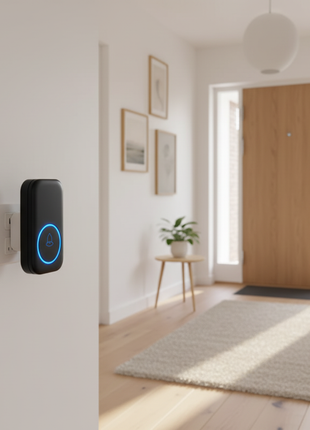 Campainha sem fios Wi‑Fi preta, botão na parede com luz azul e unidade portátil.
