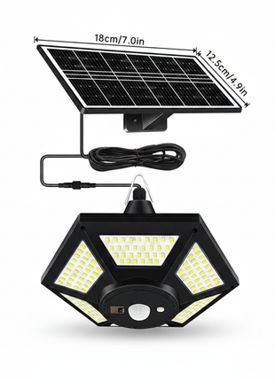 Luz solar LED 180, luminária hexagonal com sensor de movimento e painel solar.