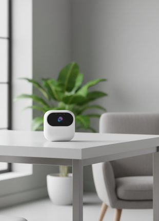 Mini câmara Wi‑Fi branca com topo preto e lente LED, vista frontal