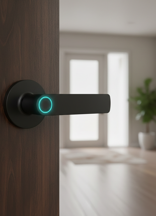 Fechadura inteligente preta com sensor circular de impressão digital com luz azul