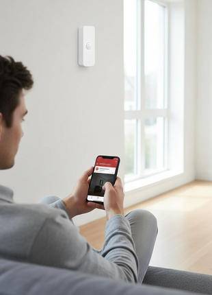 Sensor de movimento PIR branco, controlo por app no telemóvel.