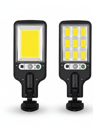 Candeeiro solar de parede COB preto, frente com painel LED e controlos laterais