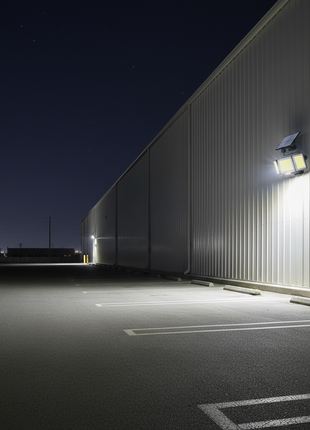 Foco solar LED IP65 na parede, iluminando área exterior
