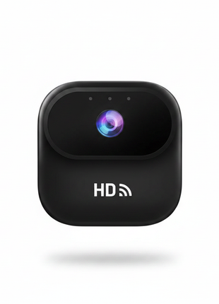 Mini câmara Wi‑Fi preta HD com lente multicolor e logótipo frontal