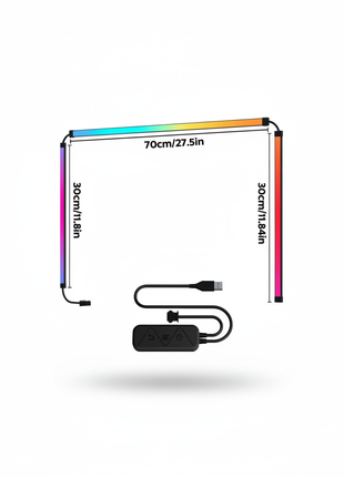 Tira LED RGB para monitor de 70 cm com cabo USB e controlador, dimensões visíveis